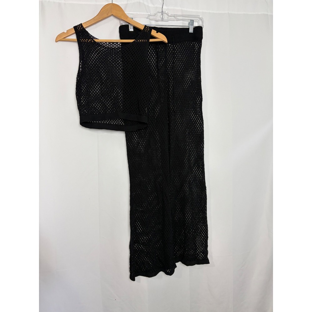 Black Crochet Mesh Knit 2 Piece Set‎ Crop Top & Wide Leg Pants Medium Boho Beach